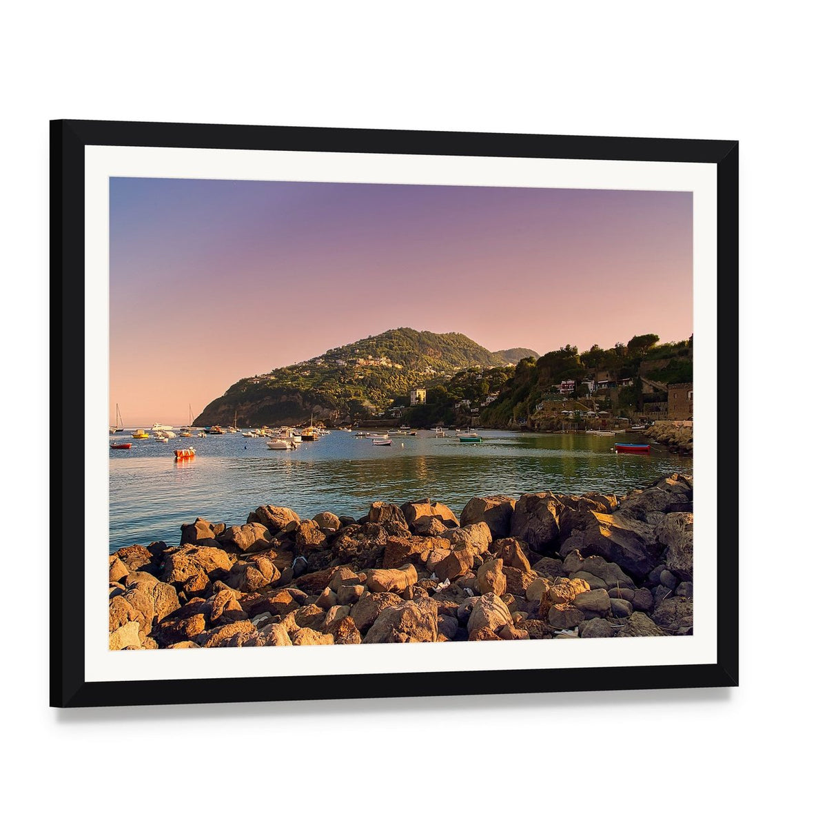 Sunset on Ischia Coast Canvas Wall Art, framed print with white mat and black frame, angled product view
