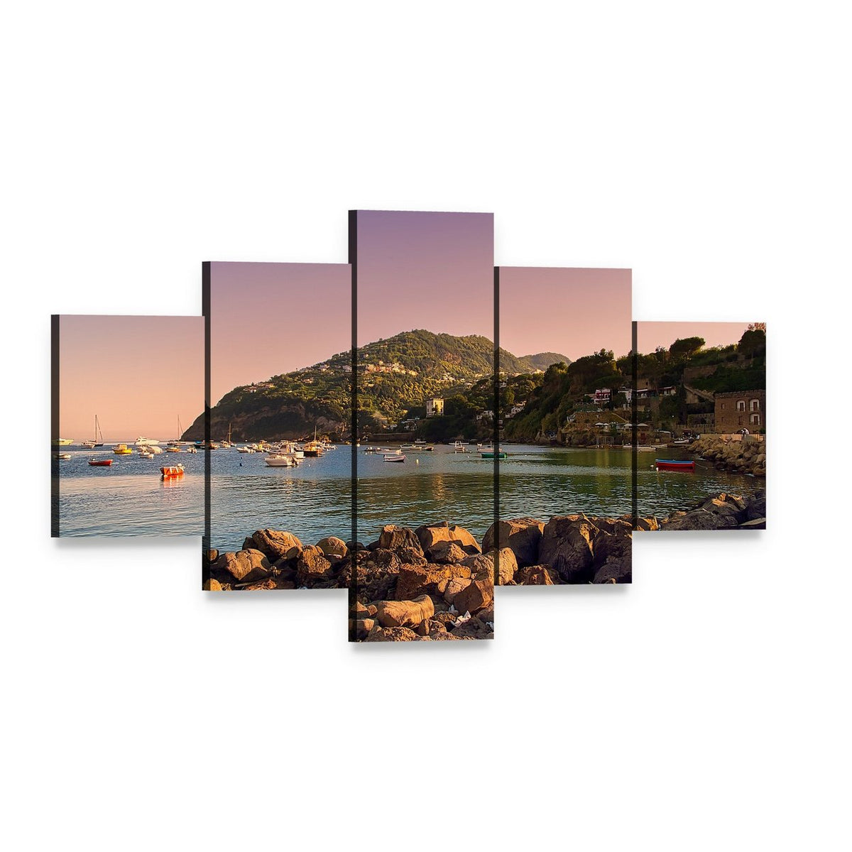 Sunset on Ischia Coast Canvas Wall Art, 5 panel 5 Star layout gallery wrapped canvas set, angled product view