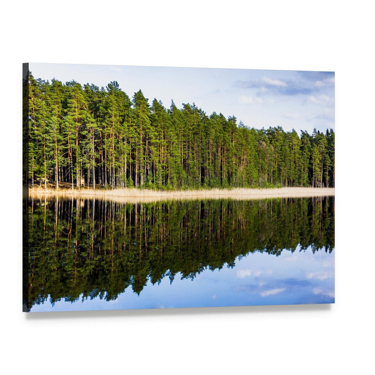 Lakeside Footbridge with Forest Reflection Canvas Wall Art, single panel gallery wrapped canvas, angled product view