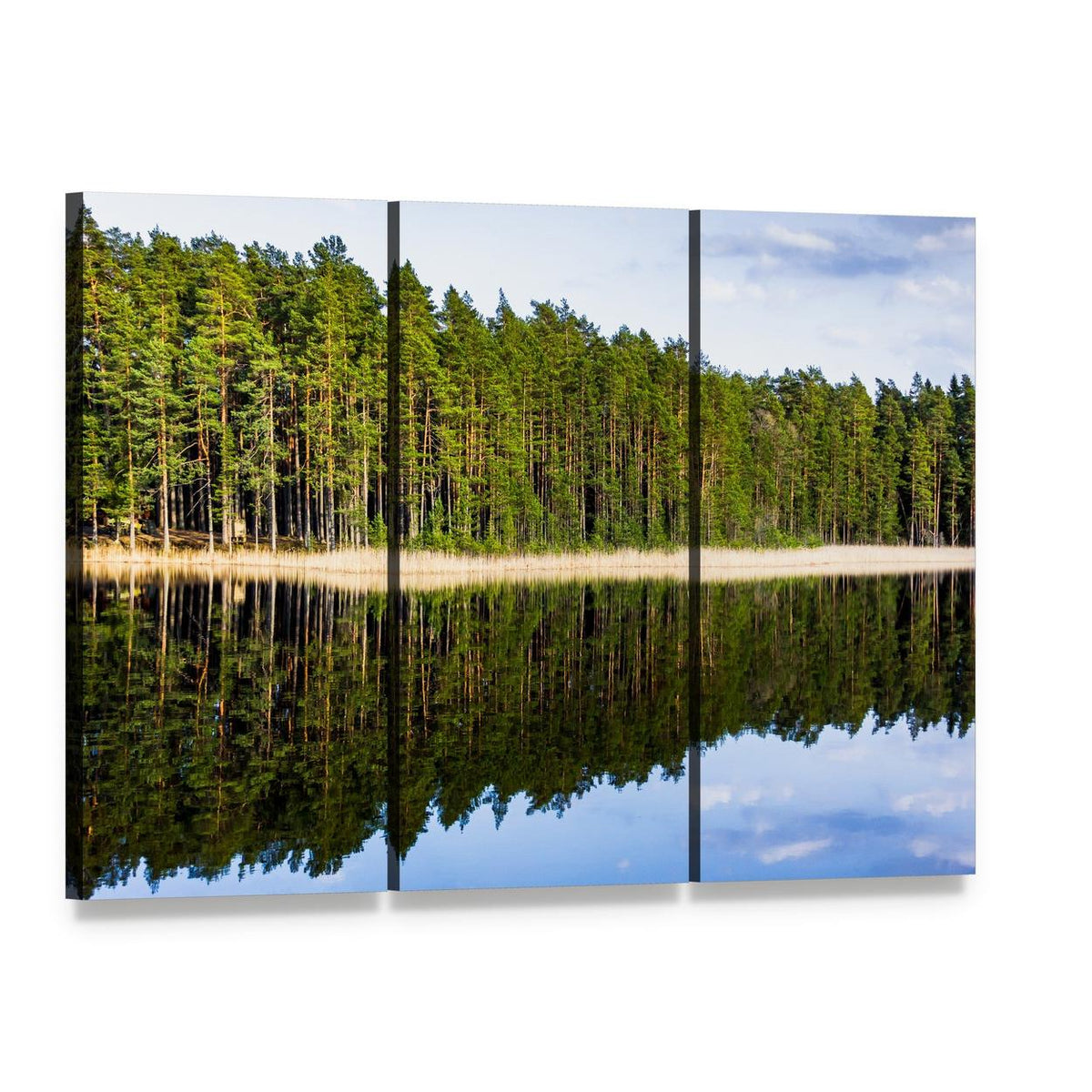 Lakeside Footbridge with Forest Reflection Canvas Wall Art, 3 panel 3 Horizontal layout gallery wrapped canvas set, angled product view