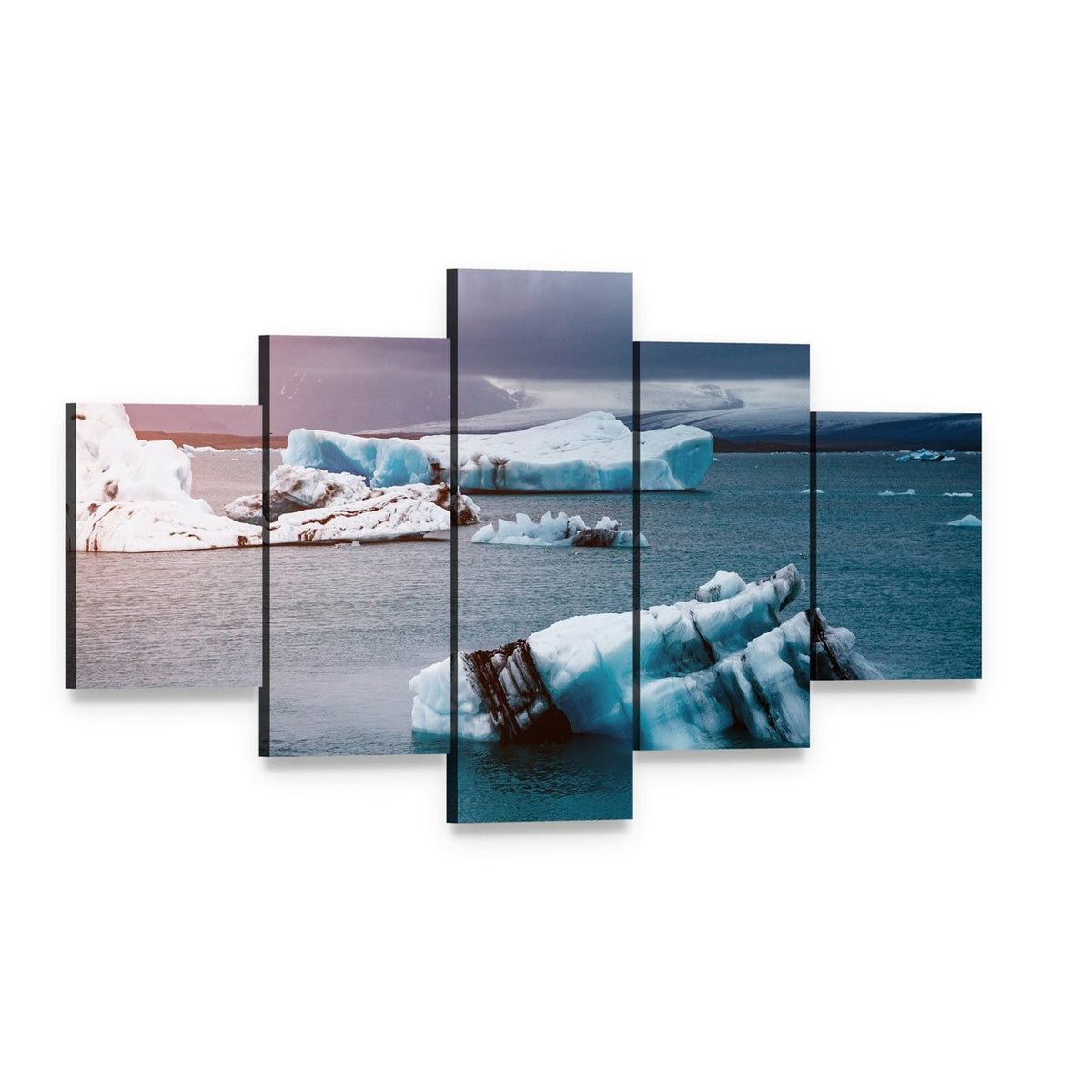 Striped Iceberg with Pink Horizon Canvas Wall Art, 5 panel 5 Star layout gallery wrapped canvas set, angled product view