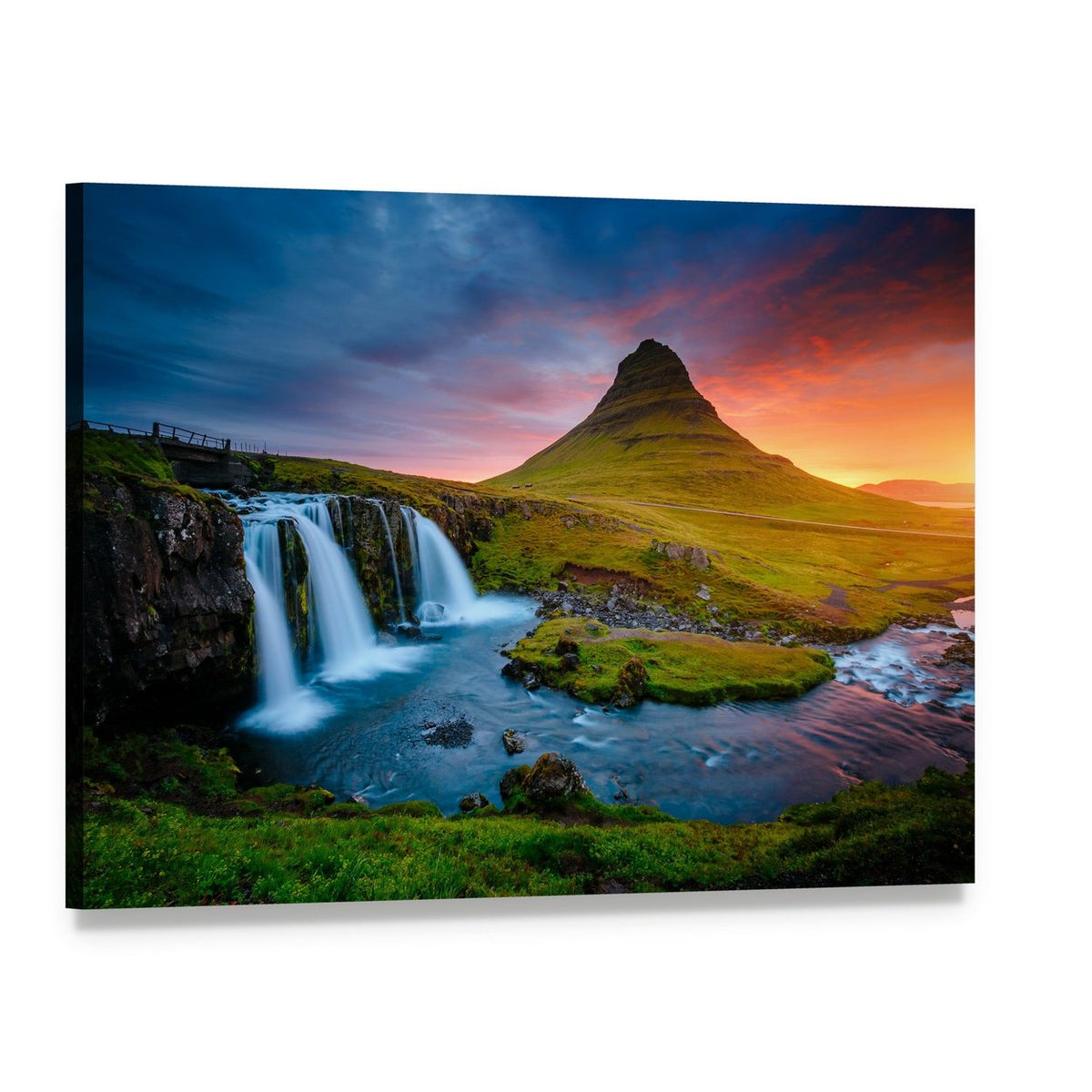 Kirkjufell Mountain with Waterfall at Sunset Canvas Wall Art, single panel gallery wrapped canvas, angled product view