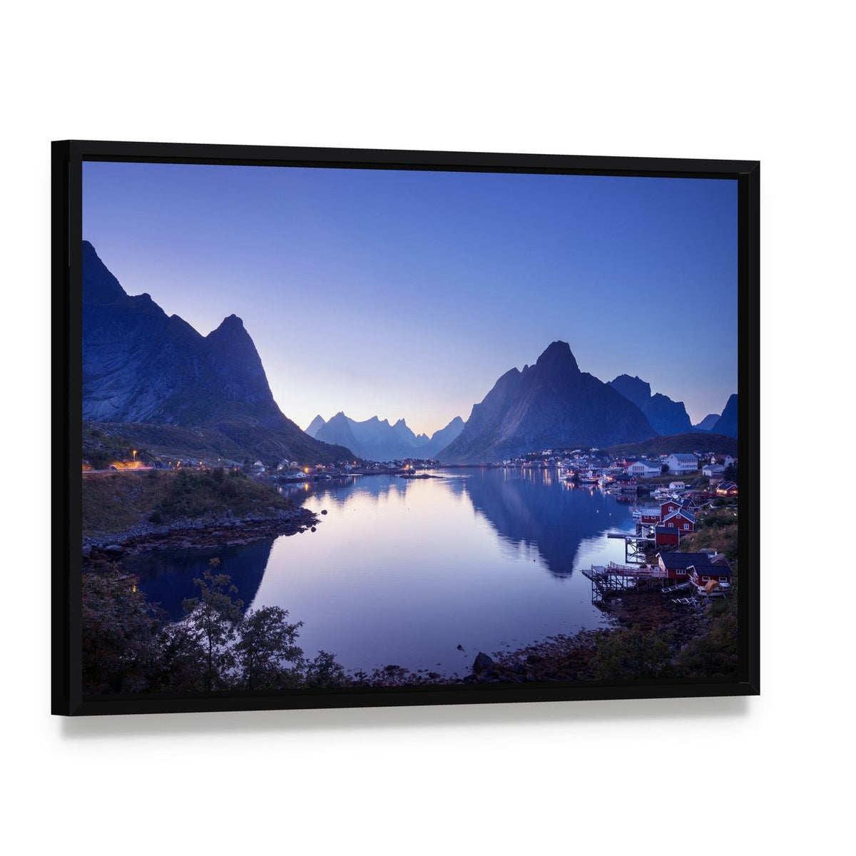 Reine Village Norway at Dusk Canvas Wall Art, framed canvas in a black floater frame, angled product view