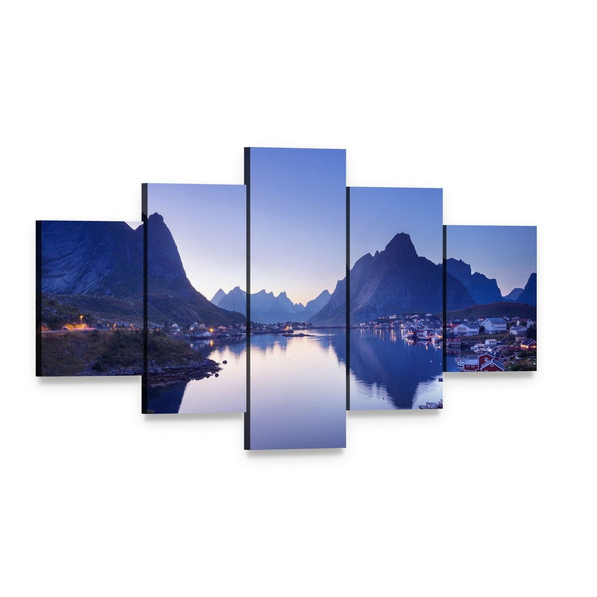 Reine Village Norway at Dusk Canvas Wall Art, 5 panel 5 Star layout gallery wrapped canvas set, angled product view