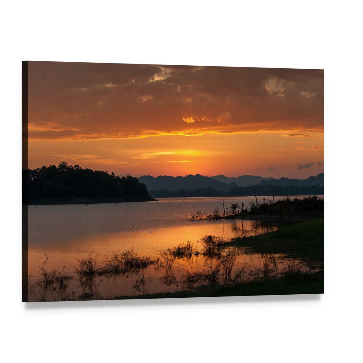 Sunset Over Mountain Lake Canvas Wall Art, single panel gallery wrapped canvas, angled product view