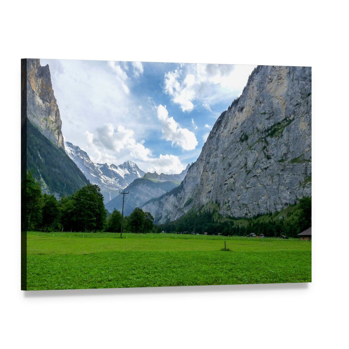 Mountain Valley Meadow with Snowy Peaks Canvas Wall Art, single panel gallery wrapped canvas, angled product view