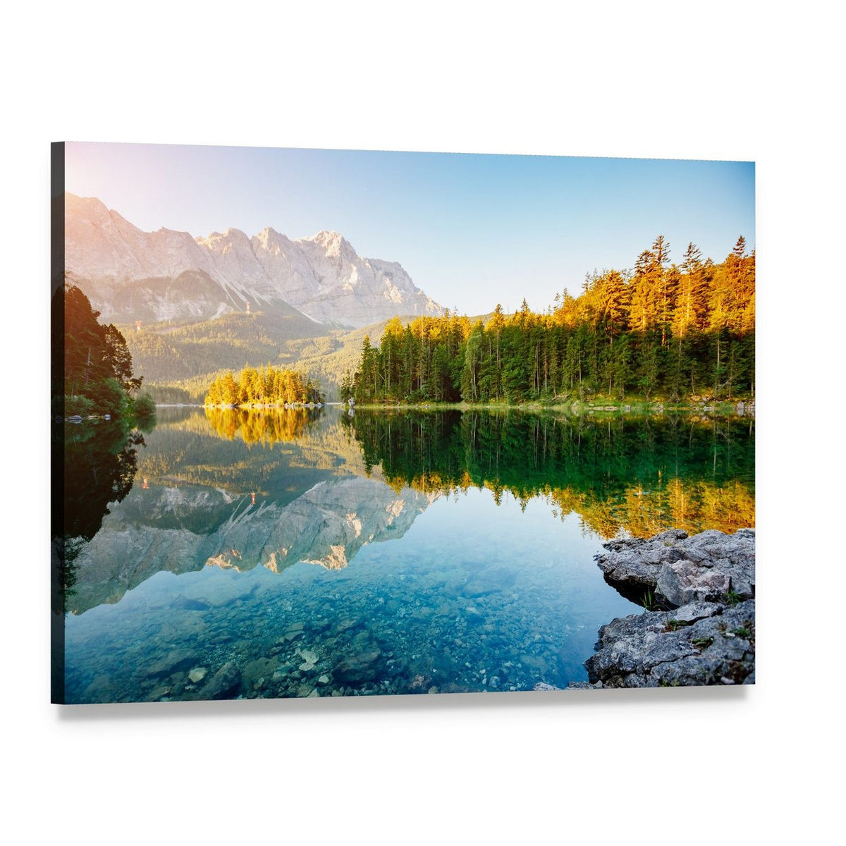 Lake Eibsee in Sunlight Canvas Wall Art, single panel gallery wrapped canvas, angled product view