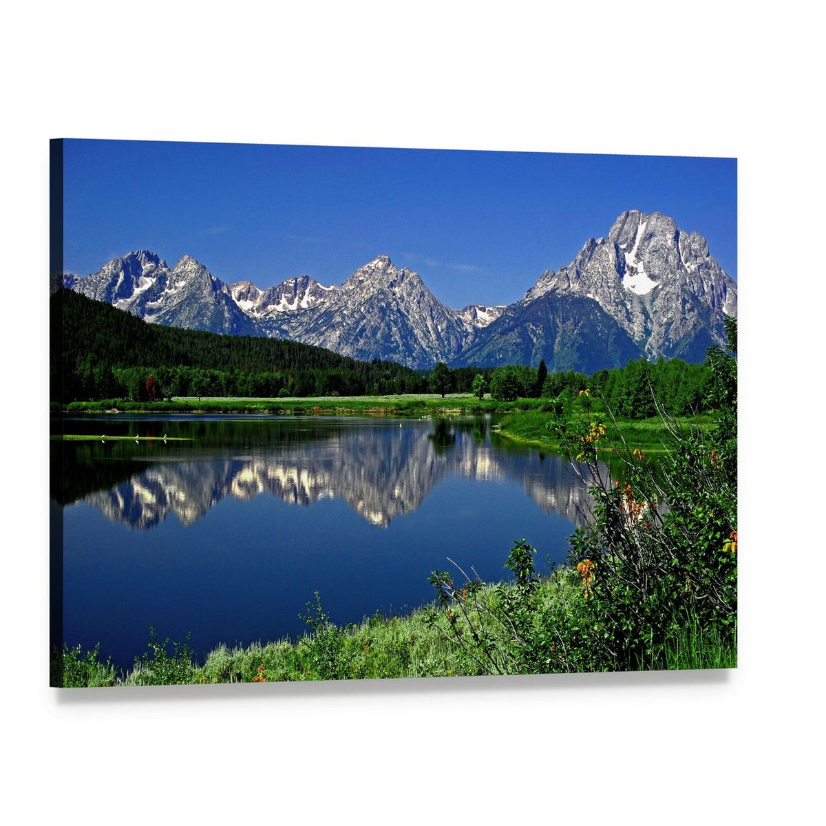 Jackson Lake Mountain Reflection Canvas Wall Art, single panel gallery wrapped canvas, angled product view