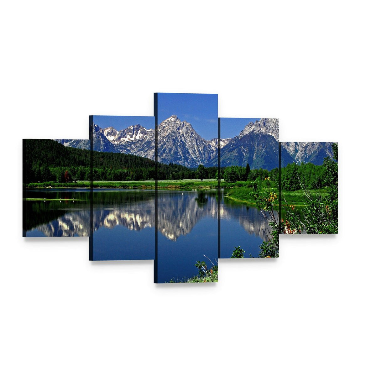 Jackson Lake Mountain Reflection Canvas Wall Art, 5 panel 5 Star layout gallery wrapped canvas set, angled product view