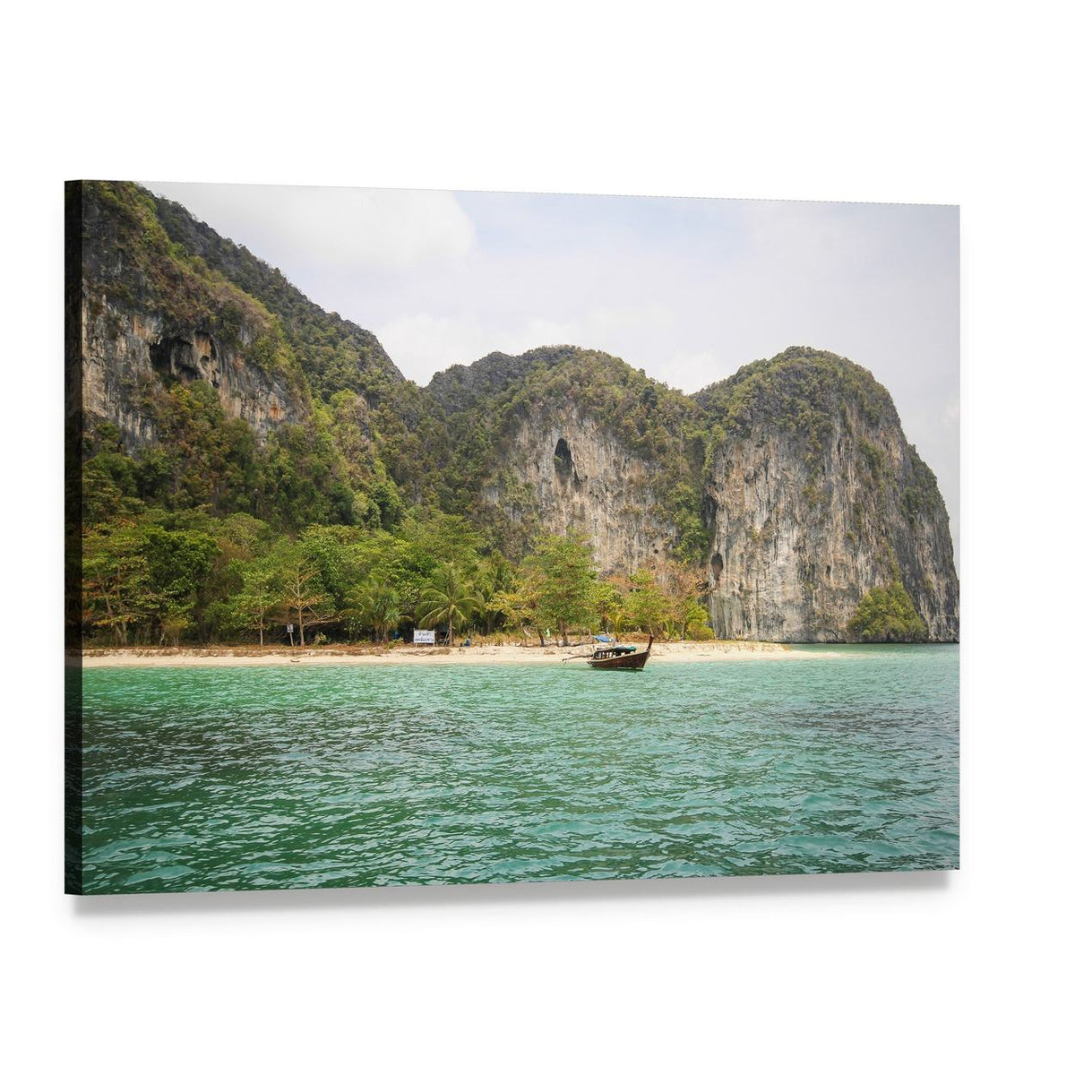 Koh Lao Liang Long-tail Boat and Karst Cliffs Canvas Wall Art, single panel gallery wrapped canvas, angled product view