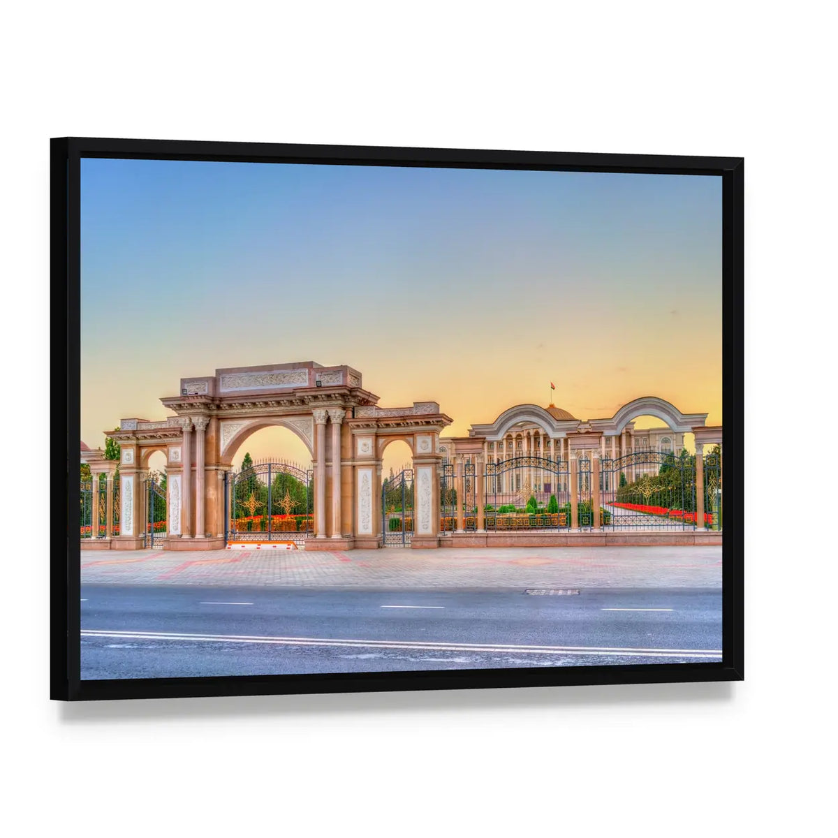 President Palace Of Nation Tajikistan Canvas Wall Art, framed canvas in a black floater frame, angled product view