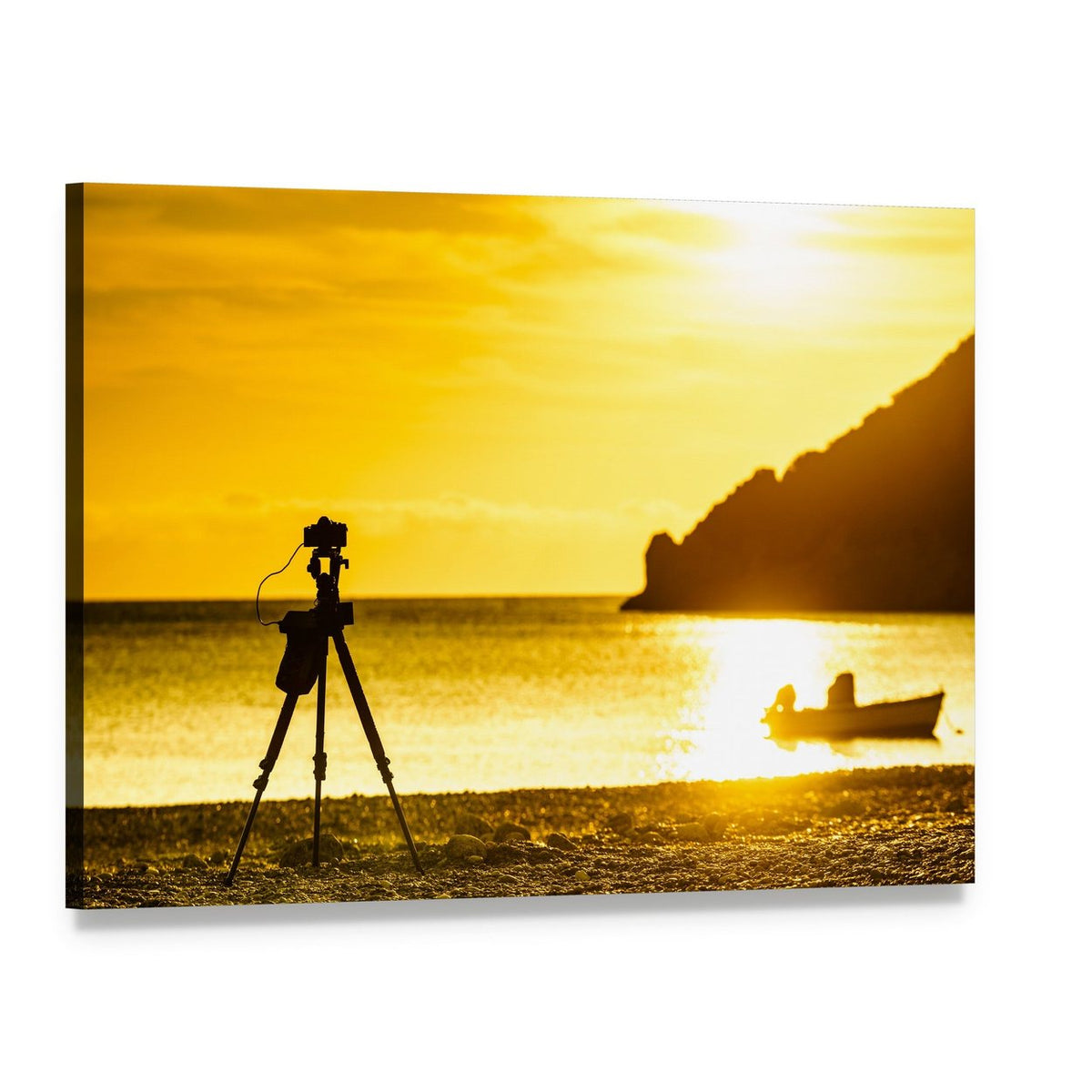 Silhouetted Camera at Sunset Beach Canvas Wall Art, single panel gallery wrapped canvas, angled product view