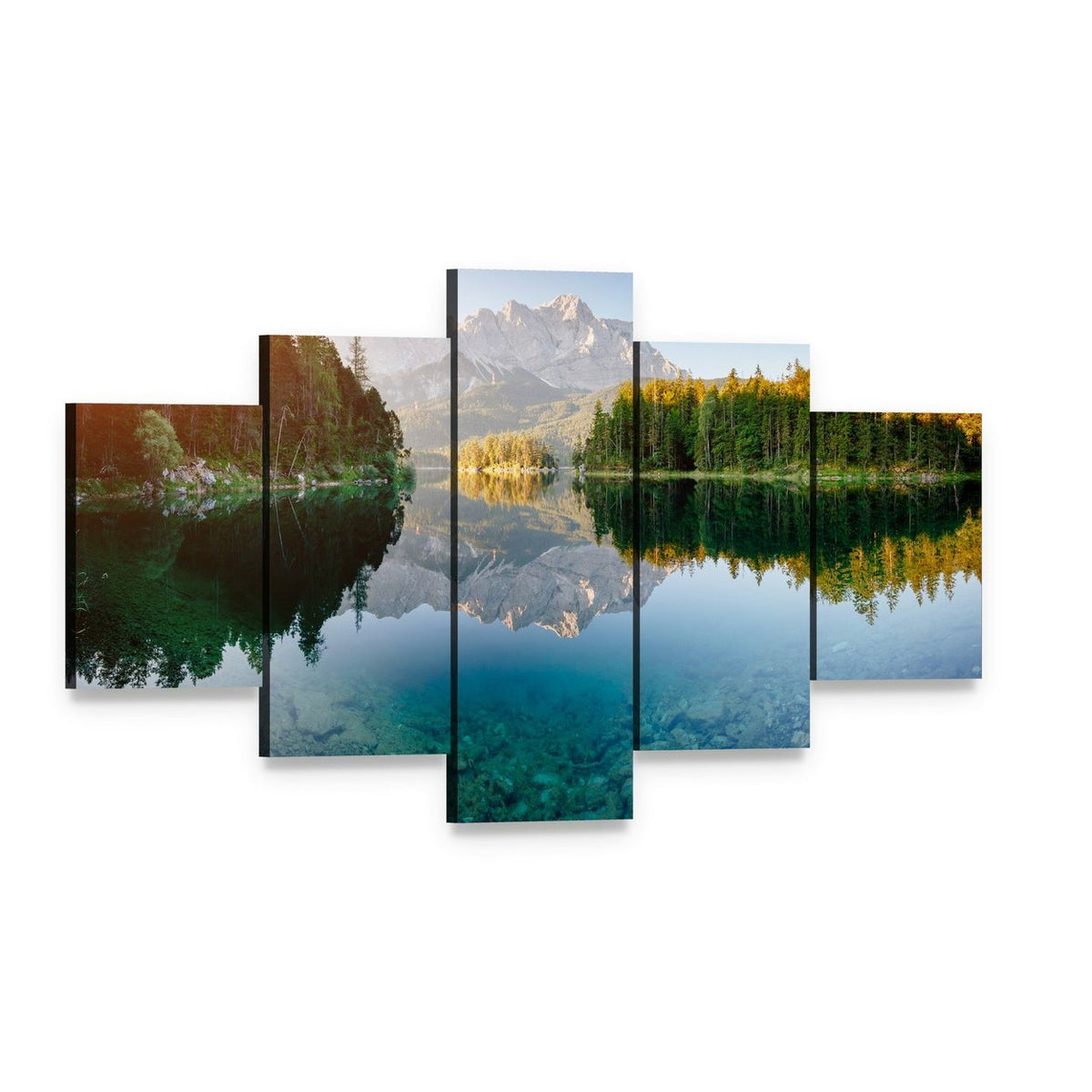 Lake Eibsee Sunrise Reflection Canvas Wall Art, 5 panel 5 Star layout gallery wrapped canvas set, angled product view