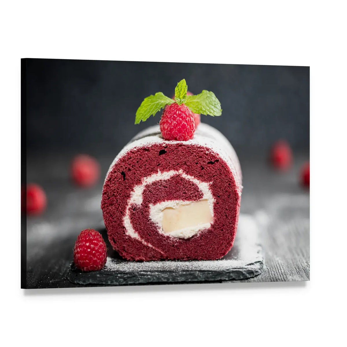 Red Velvet Cake Roll Canvas Wall Art, single panel gallery wrapped canvas, angled product view