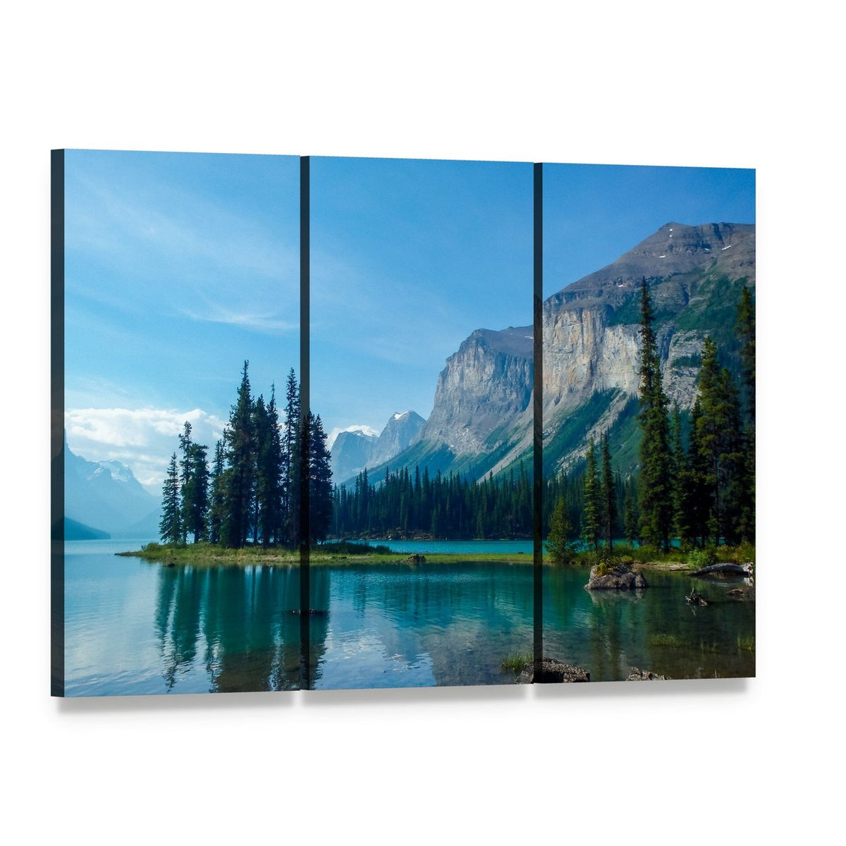Spirit Island on Maligne Lake Canvas Wall Art, 3 panel 3 Horizontal layout gallery wrapped canvas set, angled product view