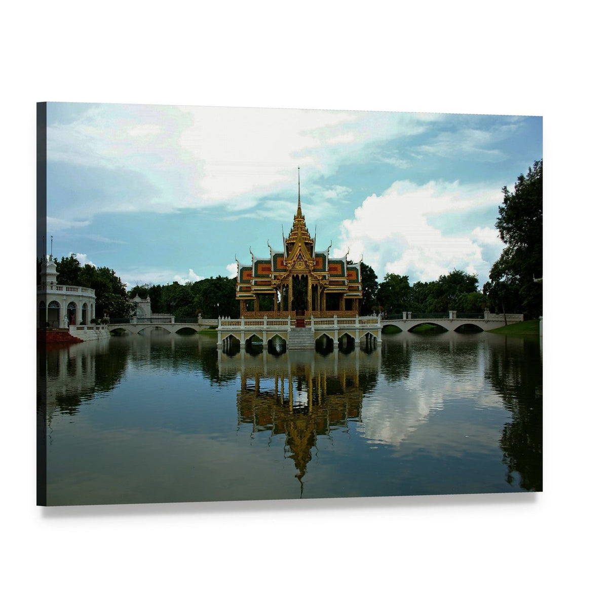 Golden Thai Pavilion with Lake Reflection Canvas Wall Art, single panel gallery wrapped canvas, angled product view