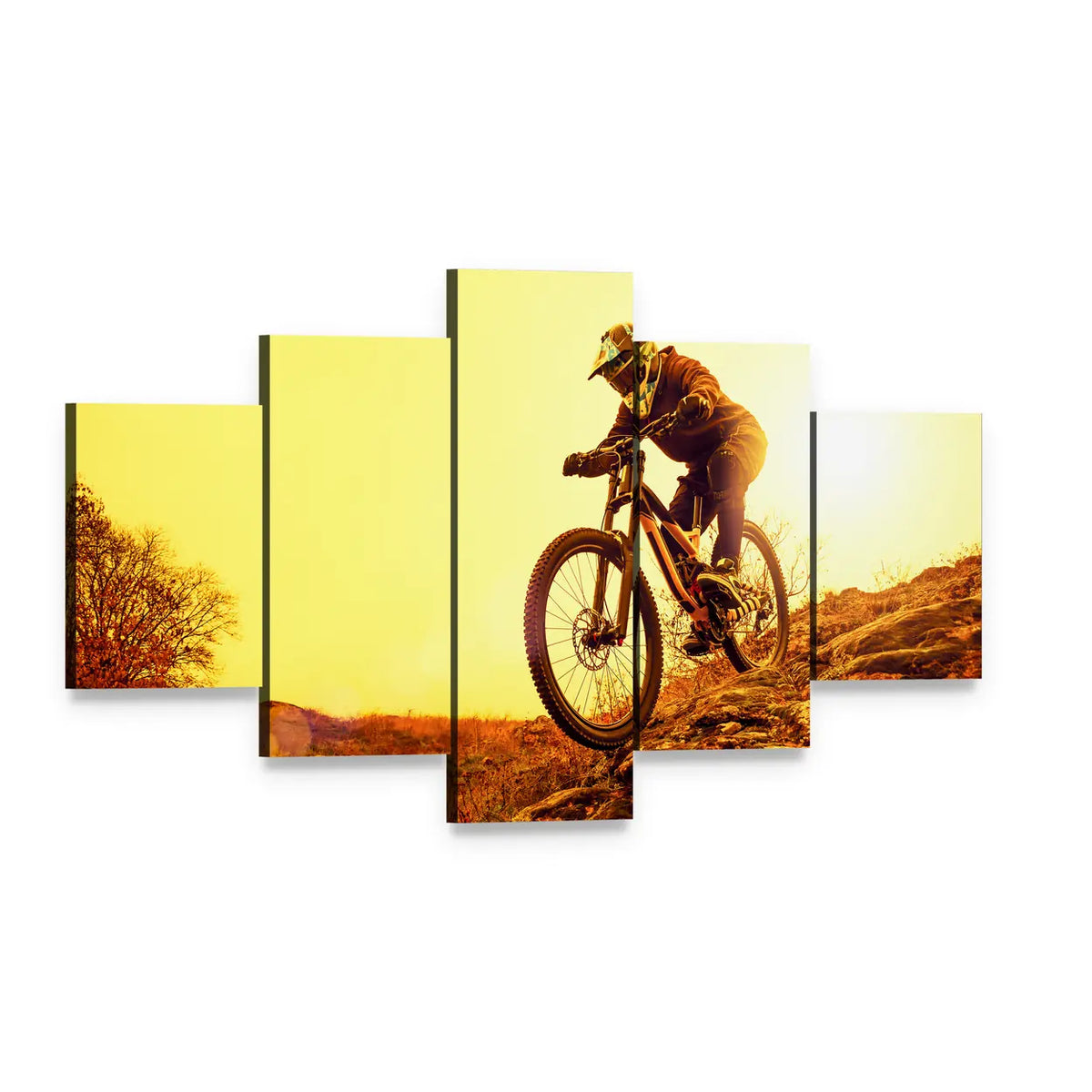 Cyclist Riding Mountain Bike Canvas Wall Art, 5 panel 5 Star layout gallery wrapped canvas set, angled product view