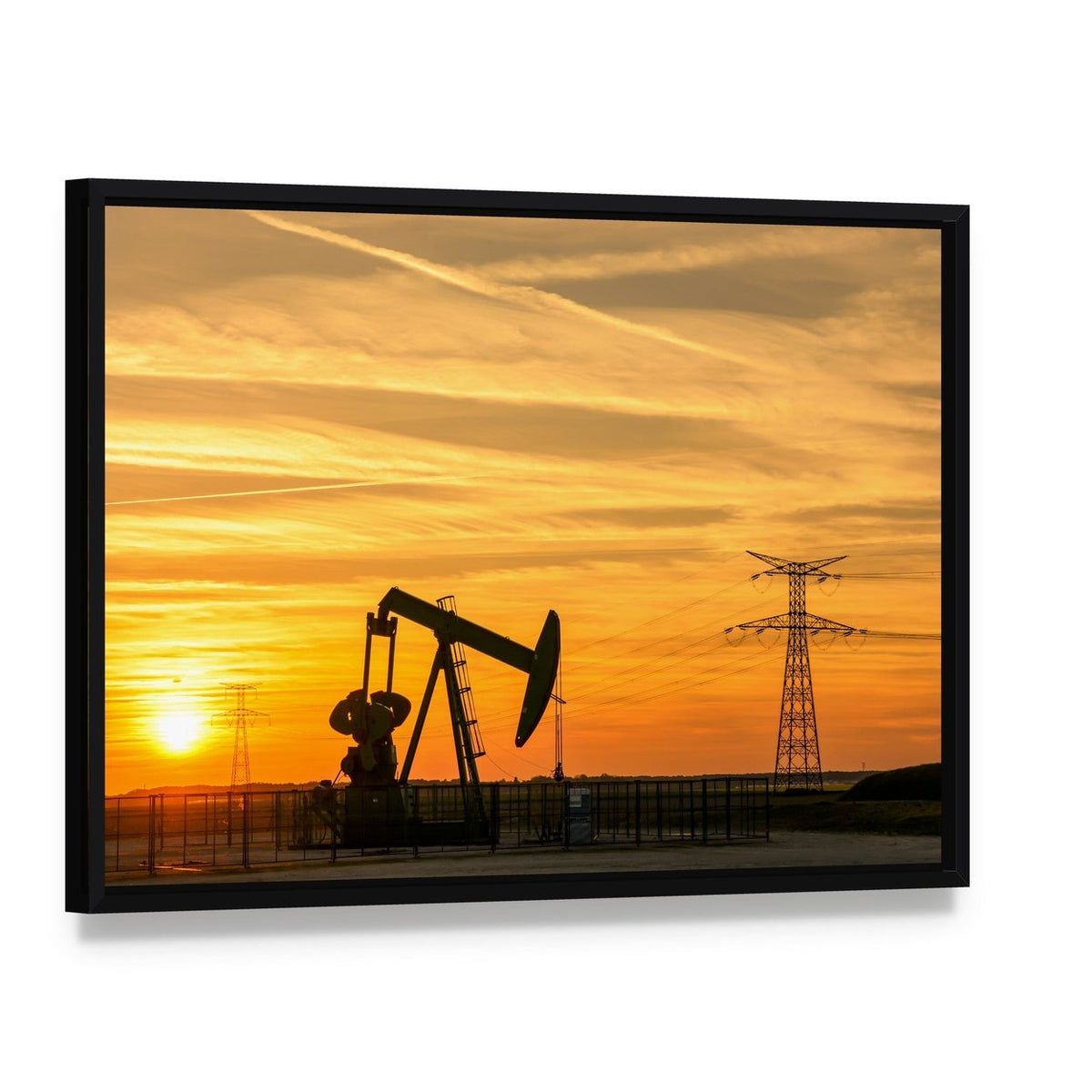 Oil Pumpjack at Sunset Canvas Wall Art, framed canvas in a black floater frame, angled product view