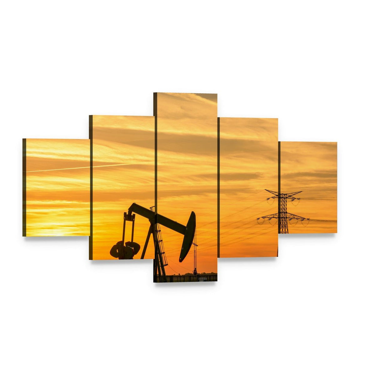Oil Pumpjack at Sunset Canvas Wall Art, 5 panel 5 Star layout gallery wrapped canvas set, angled product view