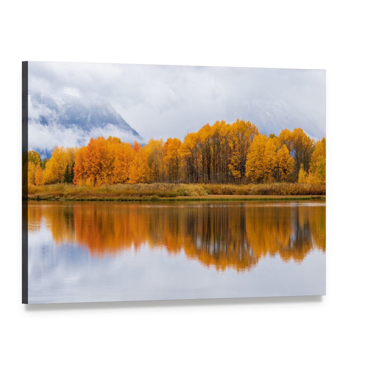 Autumn Mountain Lake Reflection Canvas Wall Art, single panel gallery wrapped canvas, angled product view
