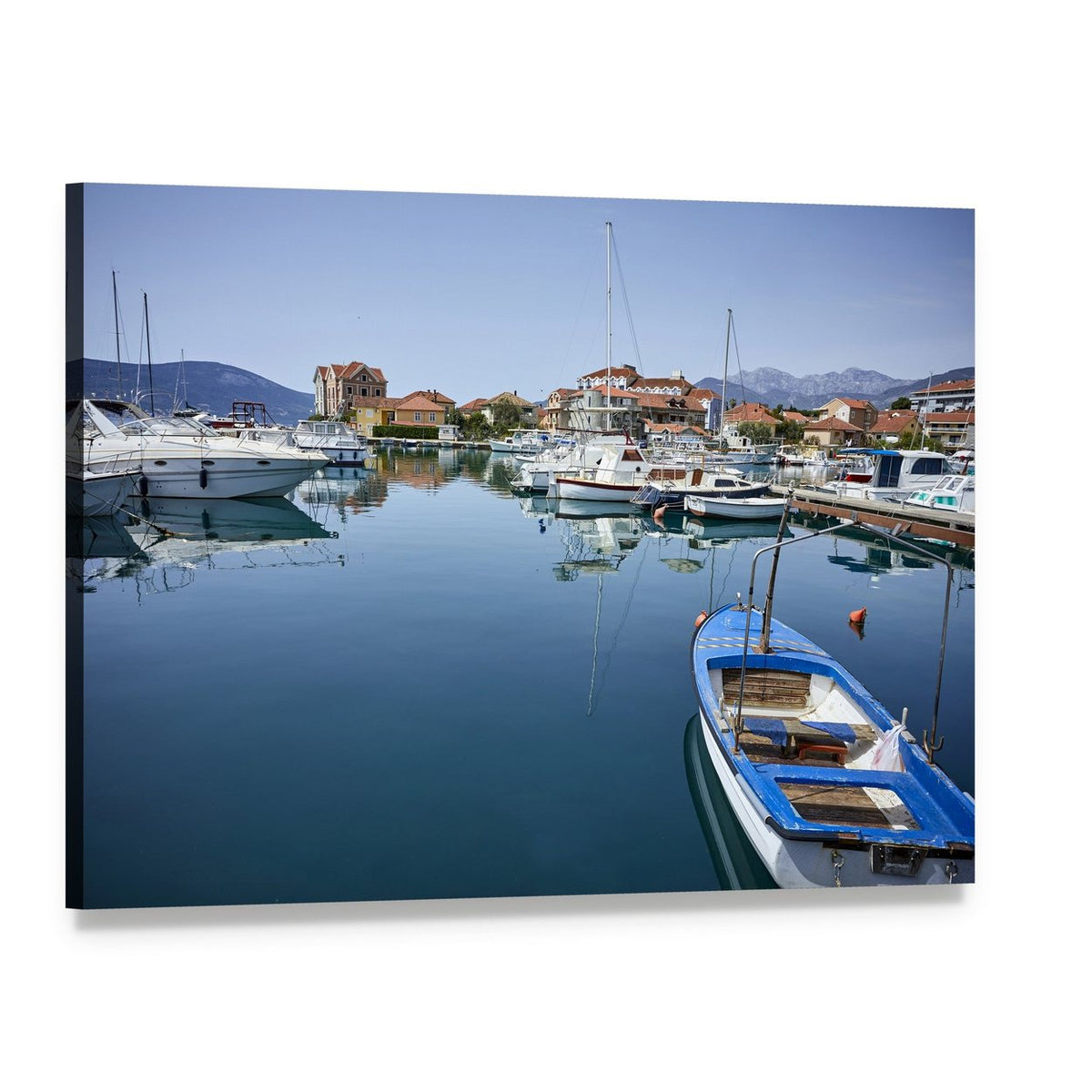 Boats and Yachts in Sunny Harbor Canvas Wall Art, single panel gallery wrapped canvas, angled product view