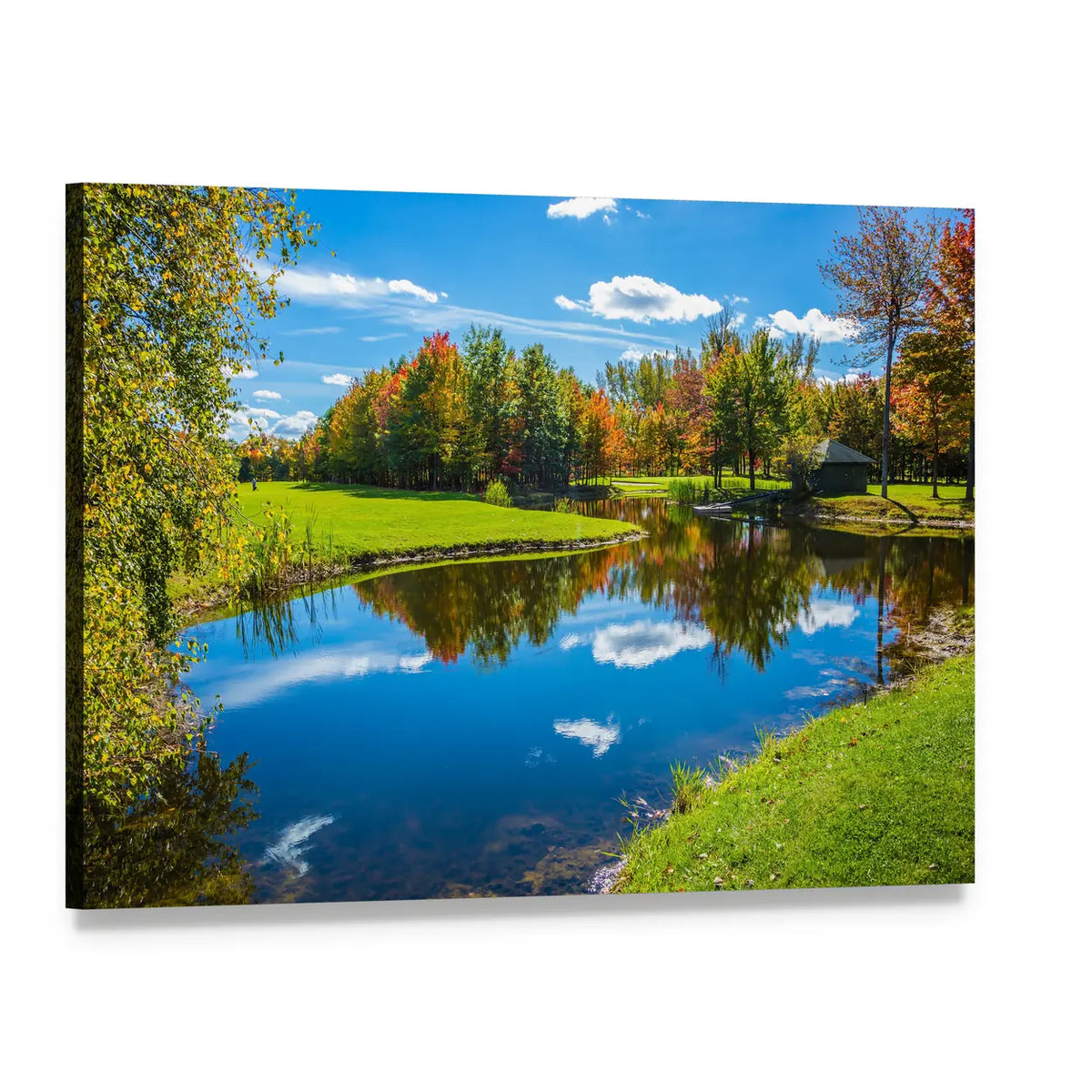 Clear Lake Autumn Reflection Canvas Wall Art, single panel gallery wrapped canvas, angled product view