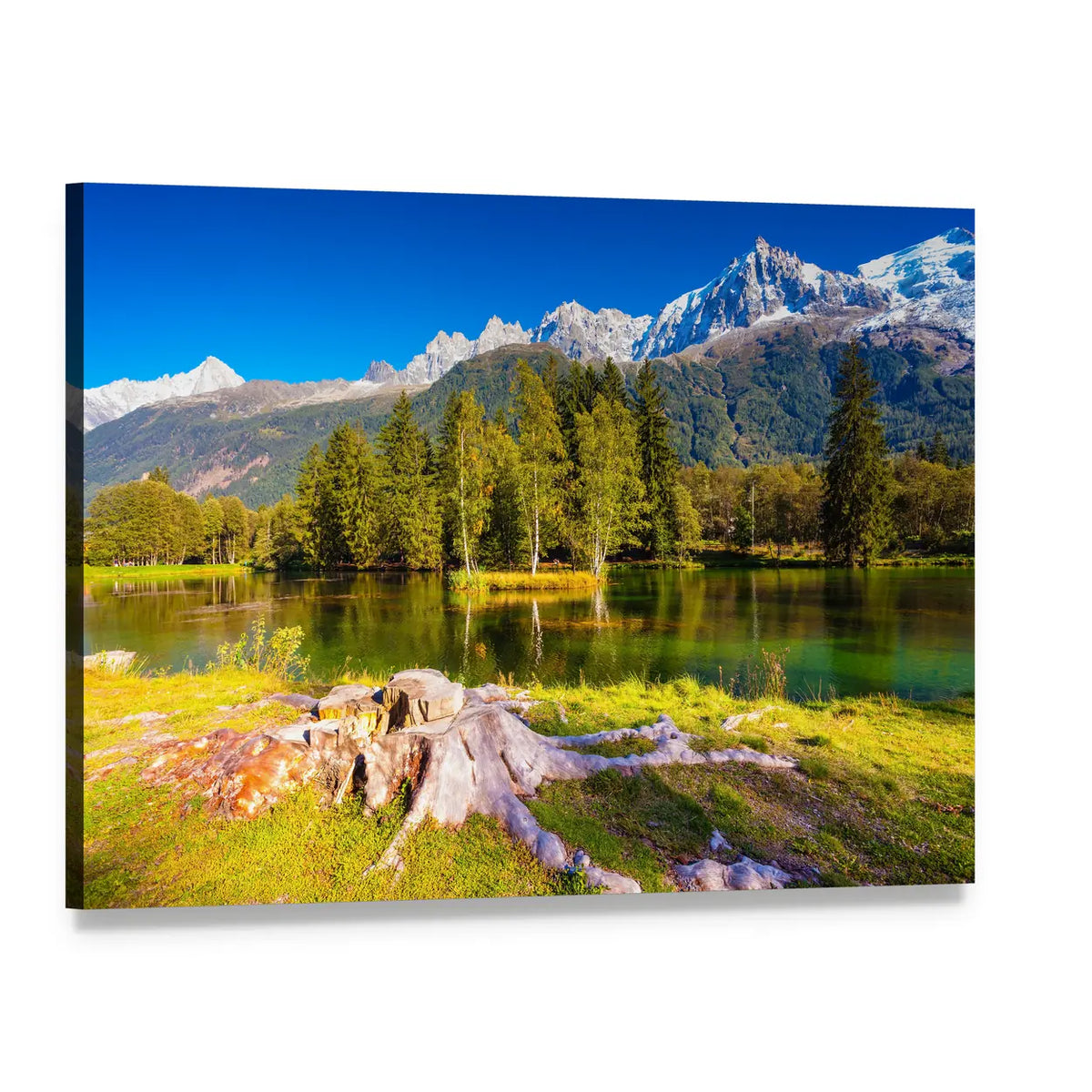 Alpine Lake with Snow-capped Peaks Canvas Wall Art, single panel gallery wrapped canvas, angled product view