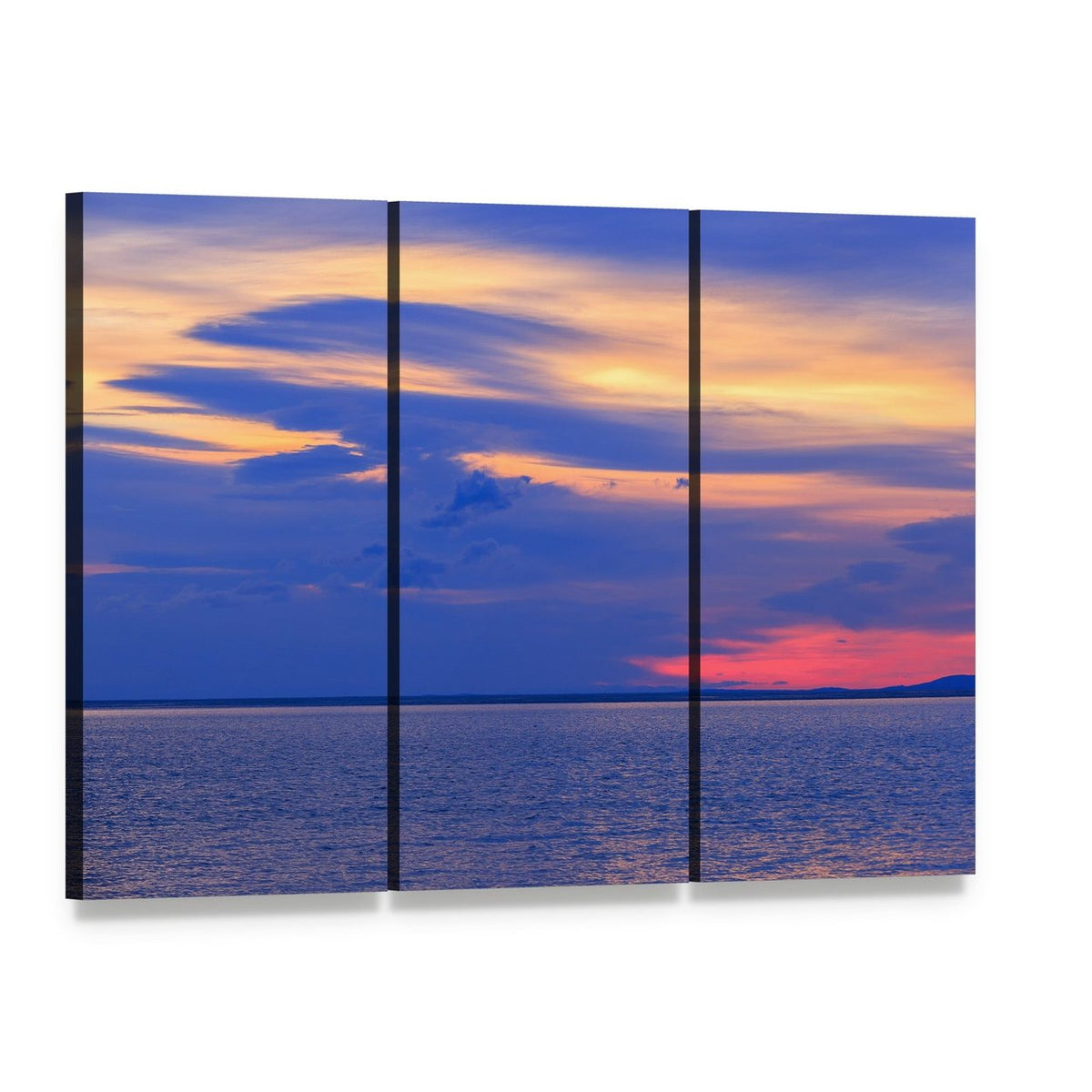 Lake Baikal Sunset Glow Canvas Wall Art, 3 panel 3 Horizontal layout gallery wrapped canvas set, angled product view