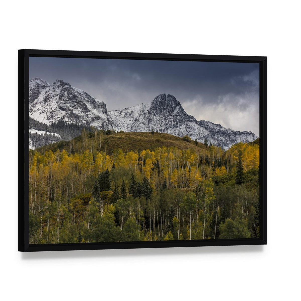 Mount Sneffels in Autumn Canvas Wall Art, framed canvas in a black floater frame, angled product view