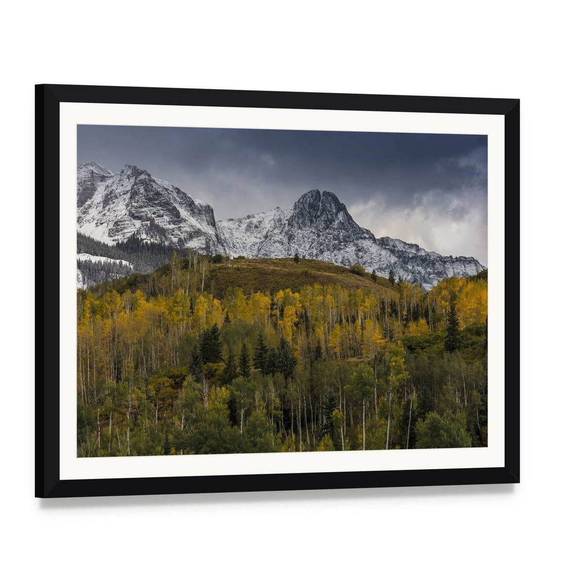 Mount Sneffels in Autumn Canvas Wall Art, framed print with white mat and black frame, angled product view