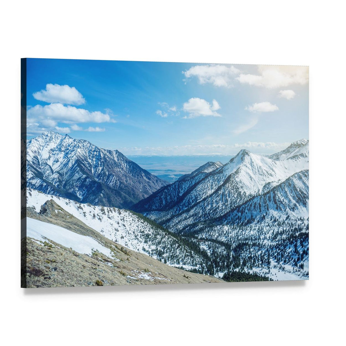 Snow-capped Mountain Peaks and Valley Canvas Wall Art, single panel gallery wrapped canvas, angled product view