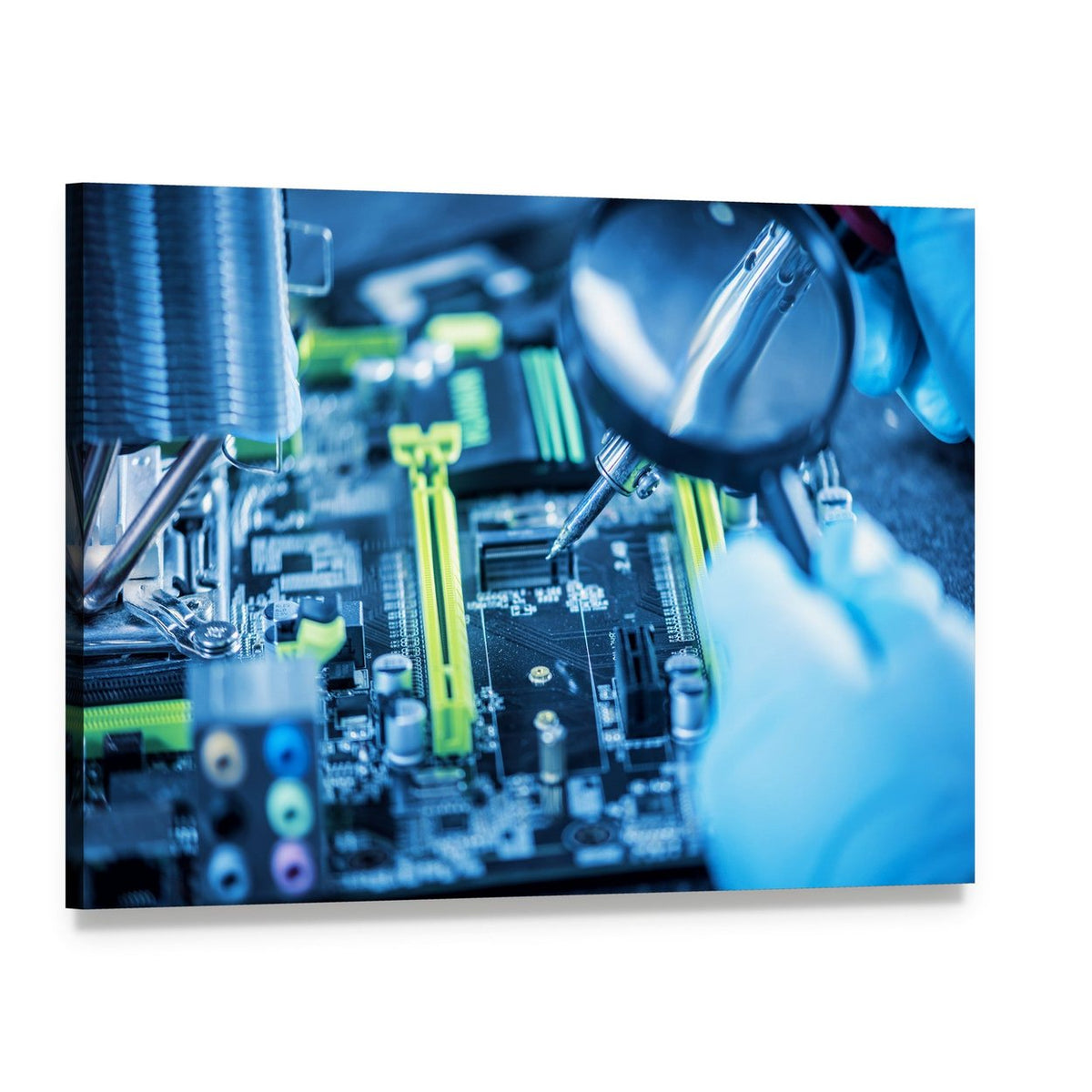 Technician Inspecting Motherboard Canvas Wall Art, single panel gallery wrapped canvas, angled product view