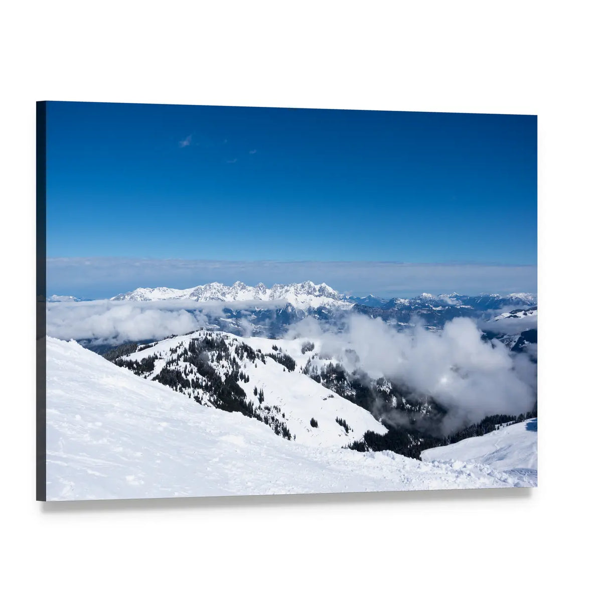 Snow-capped Austrian Alps Canvas Wall Art, single panel gallery wrapped canvas, angled product view
