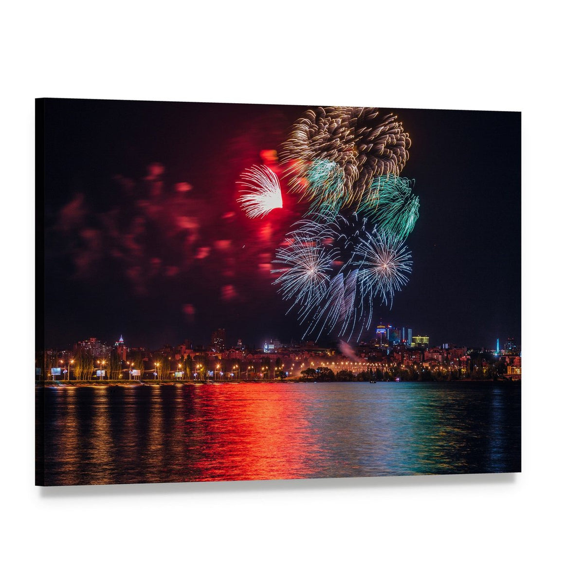 City Fireworks Over River at Night Canvas Wall Art, single panel gallery wrapped canvas, angled product view