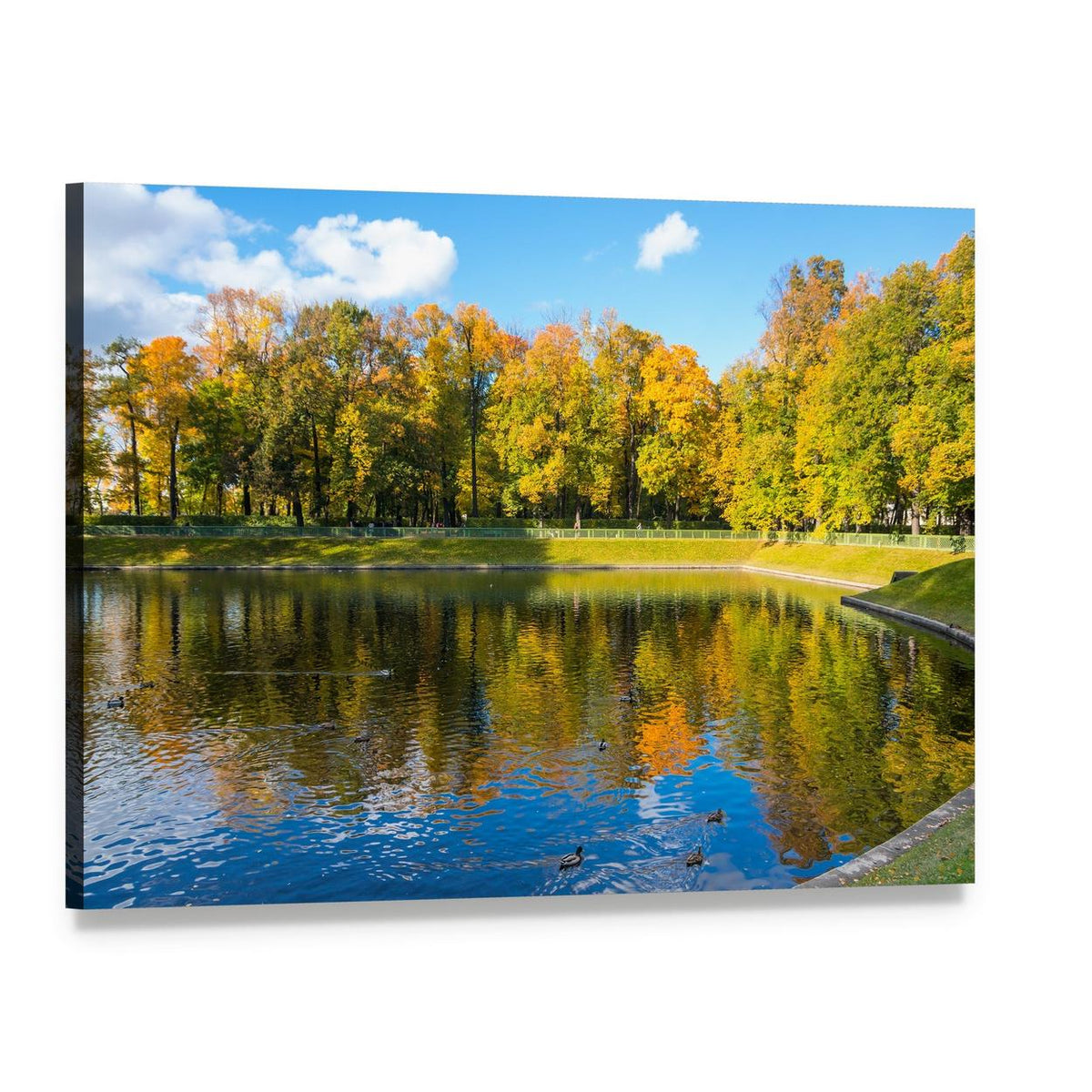 Autumn Lake Reflections with Ducks Canvas Wall Art, single panel gallery wrapped canvas, angled product view