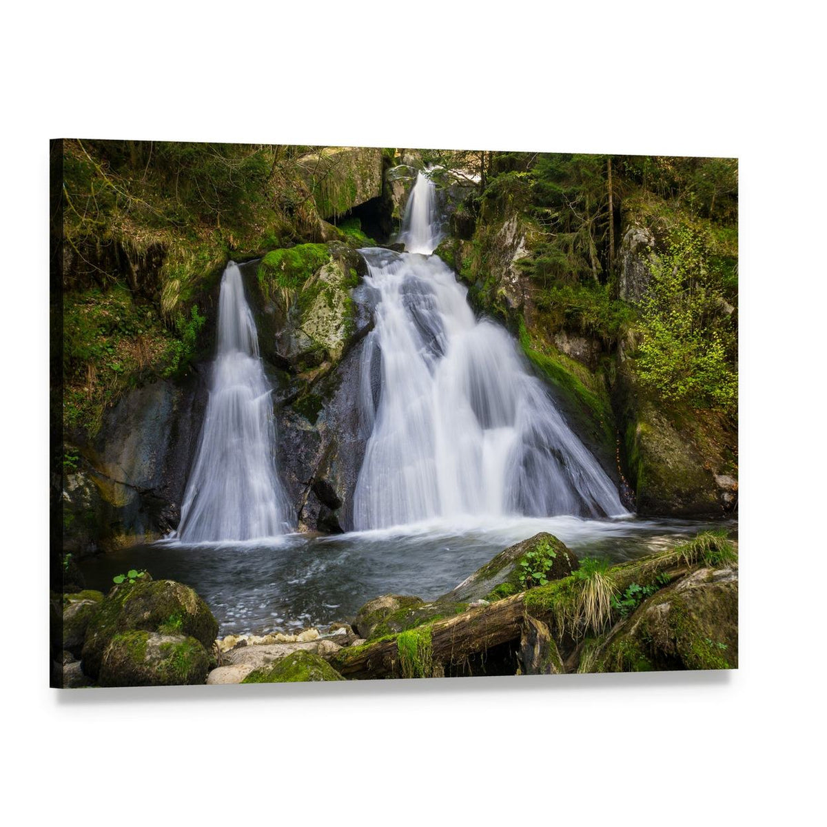 Two Terraced Waterfalls in Forest Canvas Wall Art, single panel gallery wrapped canvas, angled product view