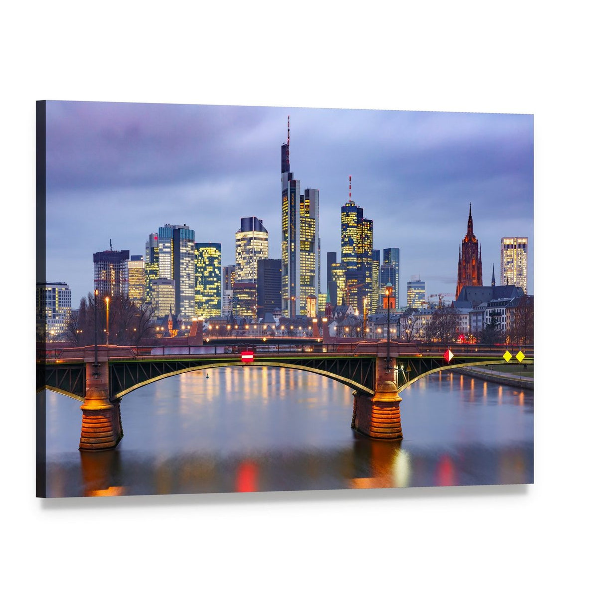 Frankfurt Skyline with Main River Reflection Canvas Wall Art, single panel gallery wrapped canvas, angled product view