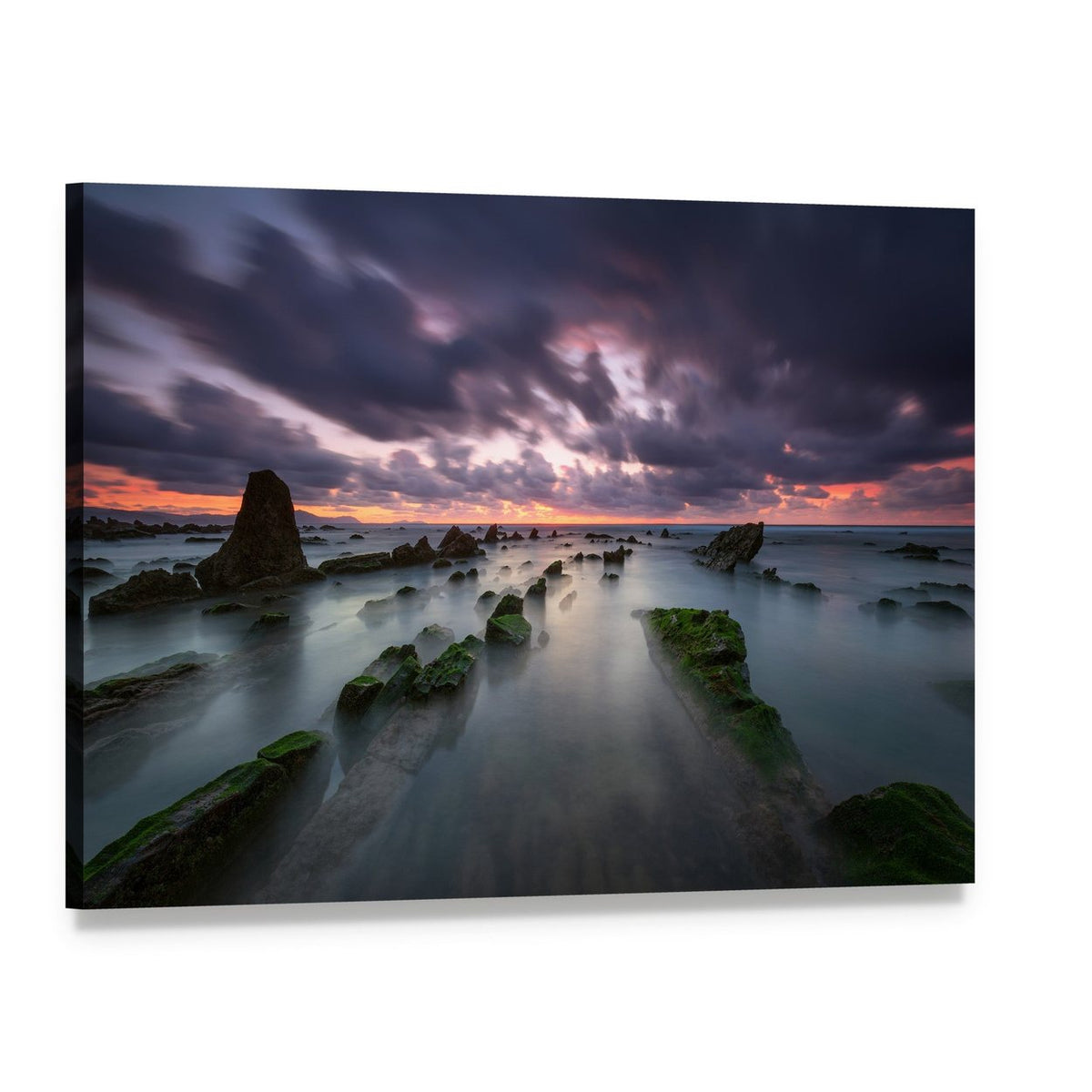 Misty Rocky Coast at Sunset Canvas Wall Art, single panel gallery wrapped canvas, angled product view