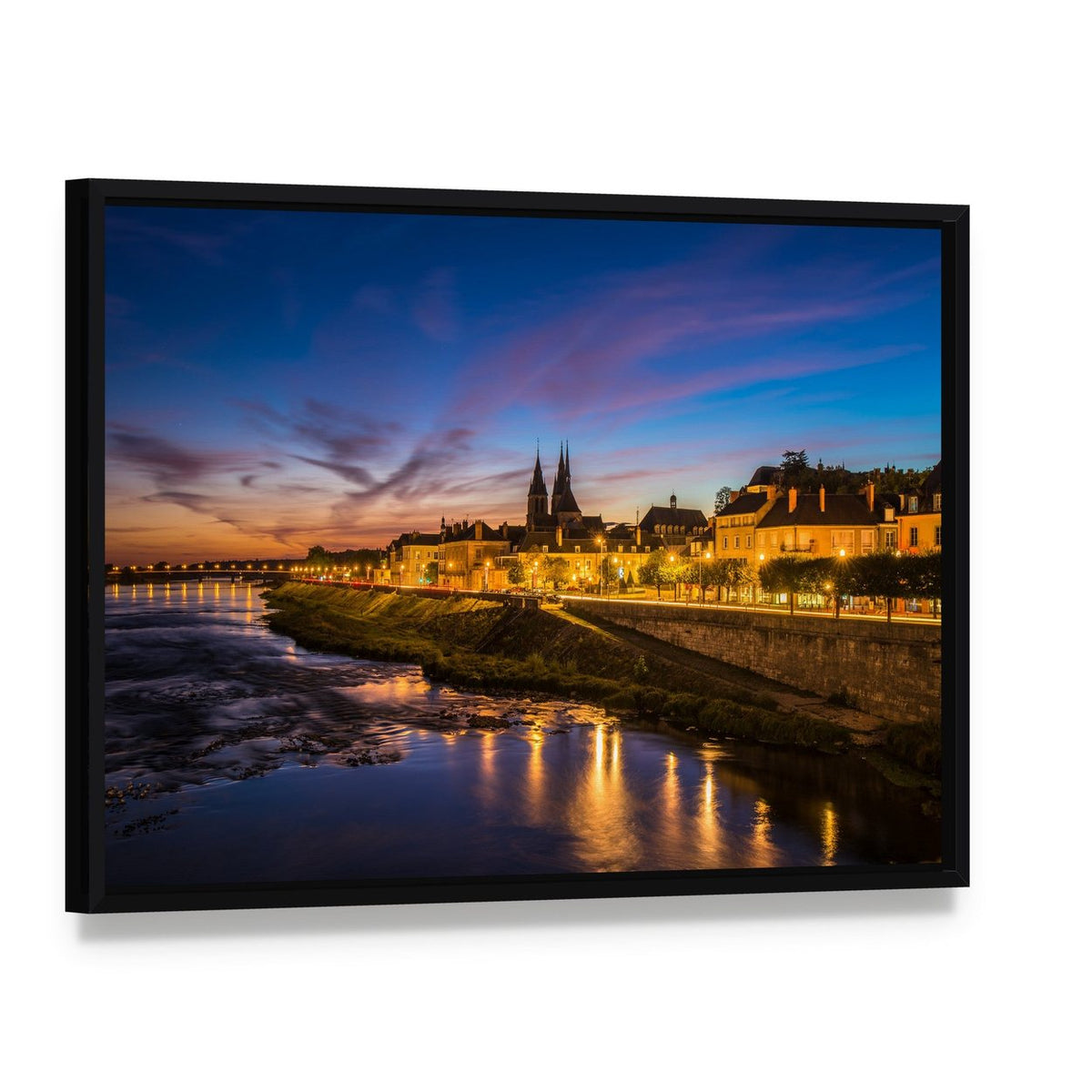 Sunset Cityscape with Cathedral and River Canvas Wall Art, framed canvas in a black floater frame, angled product view