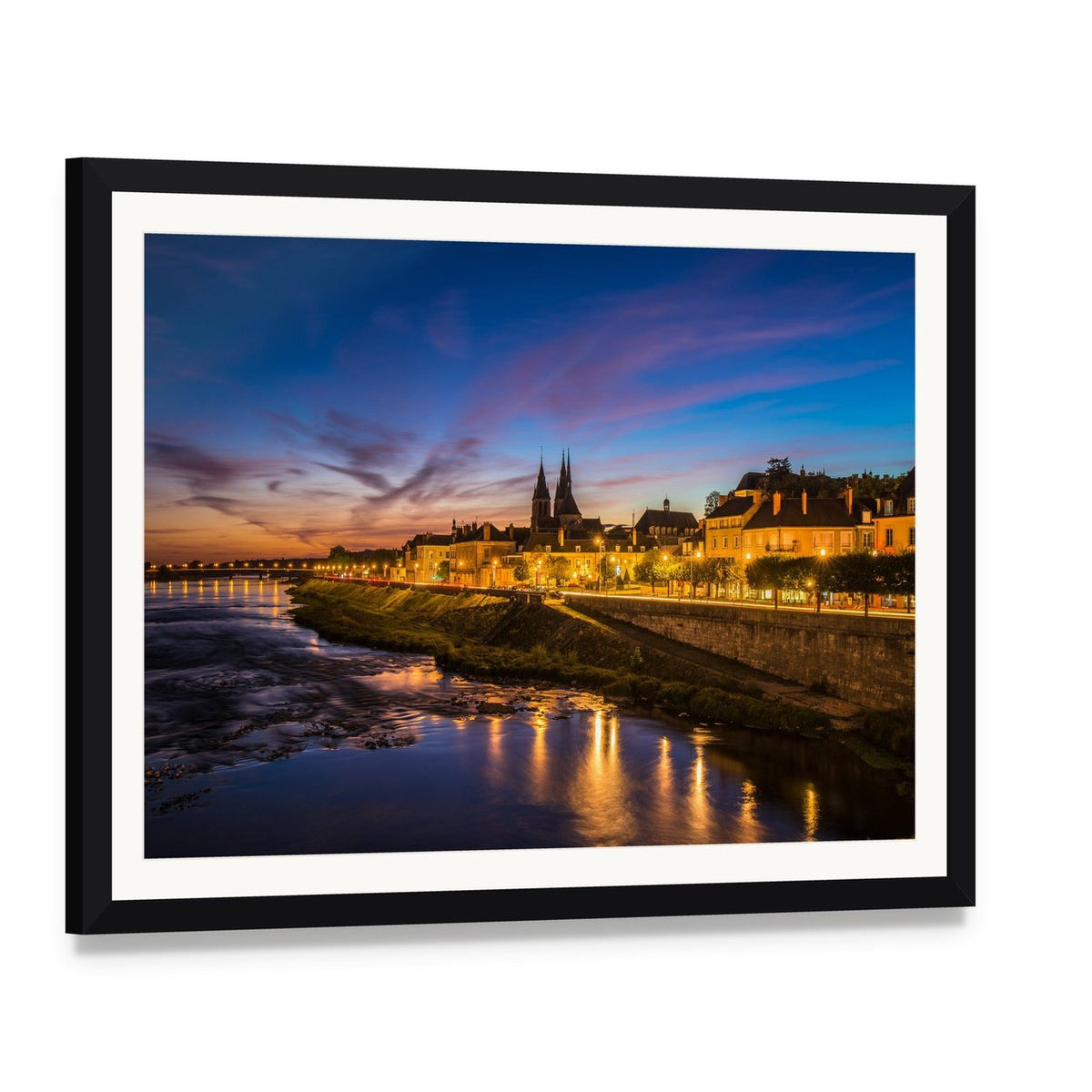 Sunset Cityscape with Cathedral and River Canvas Wall Art, framed print with white mat and black frame, angled product view