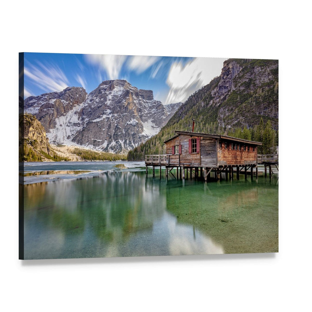 Braies Lake in the Italian Alps Canvas Wall Art, single panel gallery wrapped canvas, angled product view