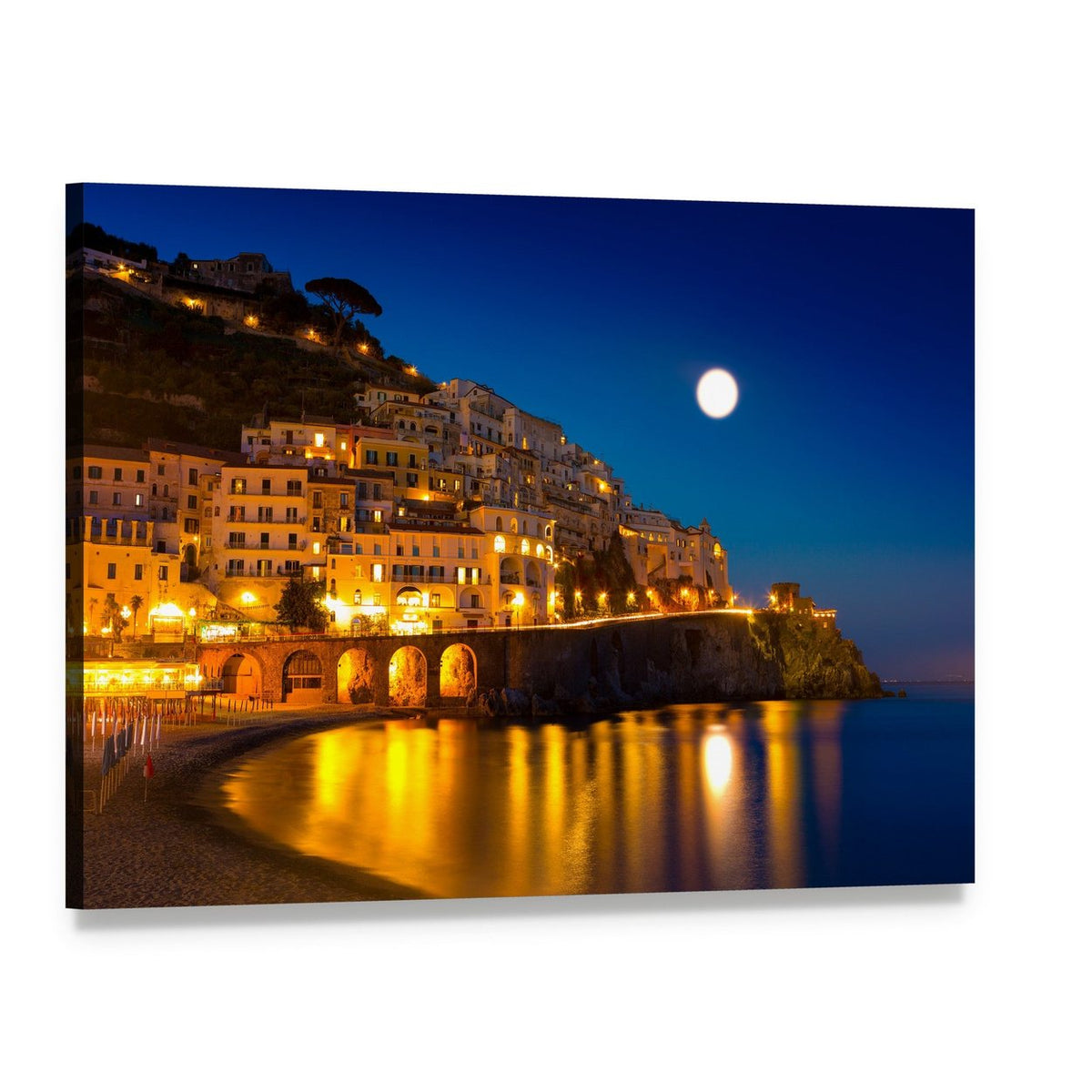 Amalfi Coast Moonlit Village Canvas Wall Art, single panel gallery wrapped canvas, angled product view