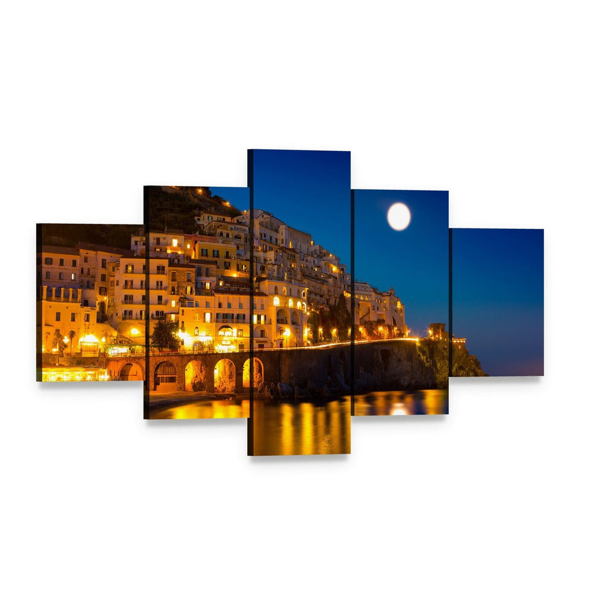 Amalfi Coast Moonlit Village Canvas Wall Art, 5 panel 5 Star layout gallery wrapped canvas set, angled product view