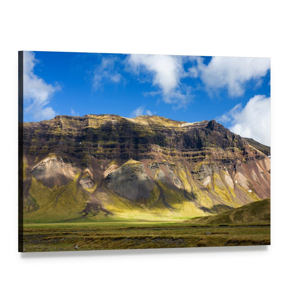 Blue Fjord with Stratified Mountains Canvas Wall Art, single panel gallery wrapped canvas, angled product view