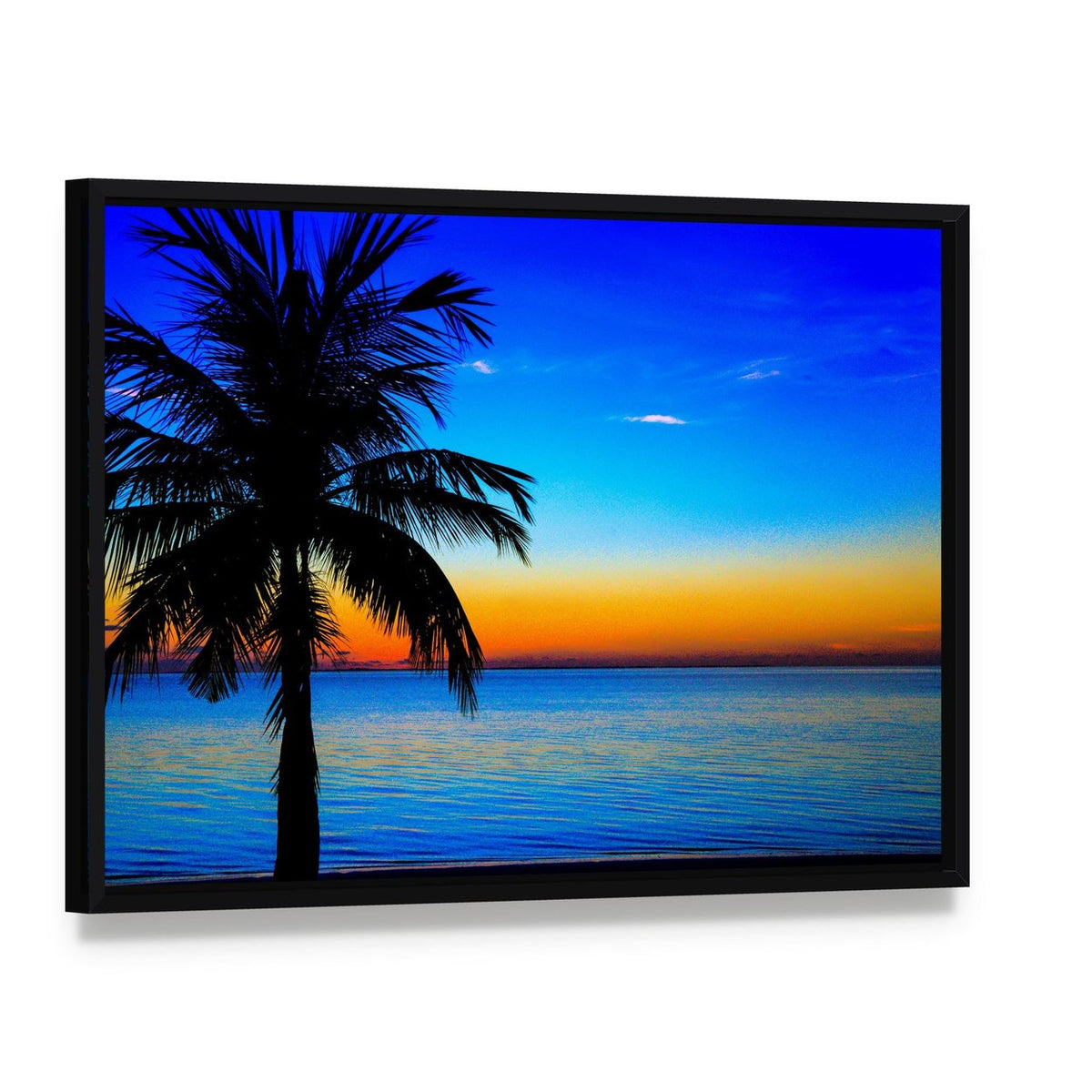 Palm Tree Sunset Over Sea Canvas Wall Art, framed canvas in a black floater frame, angled product view