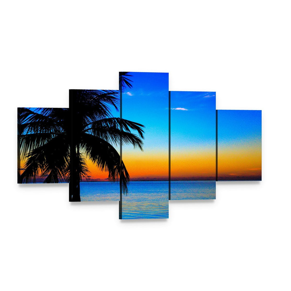 Palm Tree Sunset Over Sea Canvas Wall Art, 5 panel 5 Star layout gallery wrapped canvas set, angled product view