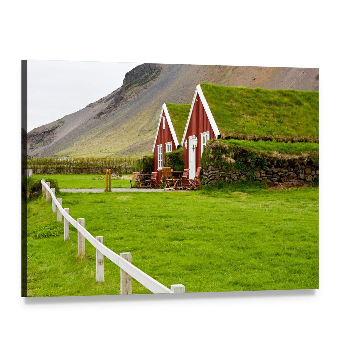 Iceland Turf Houses on Green Hillside Canvas Wall Art, single panel gallery wrapped canvas, angled product view