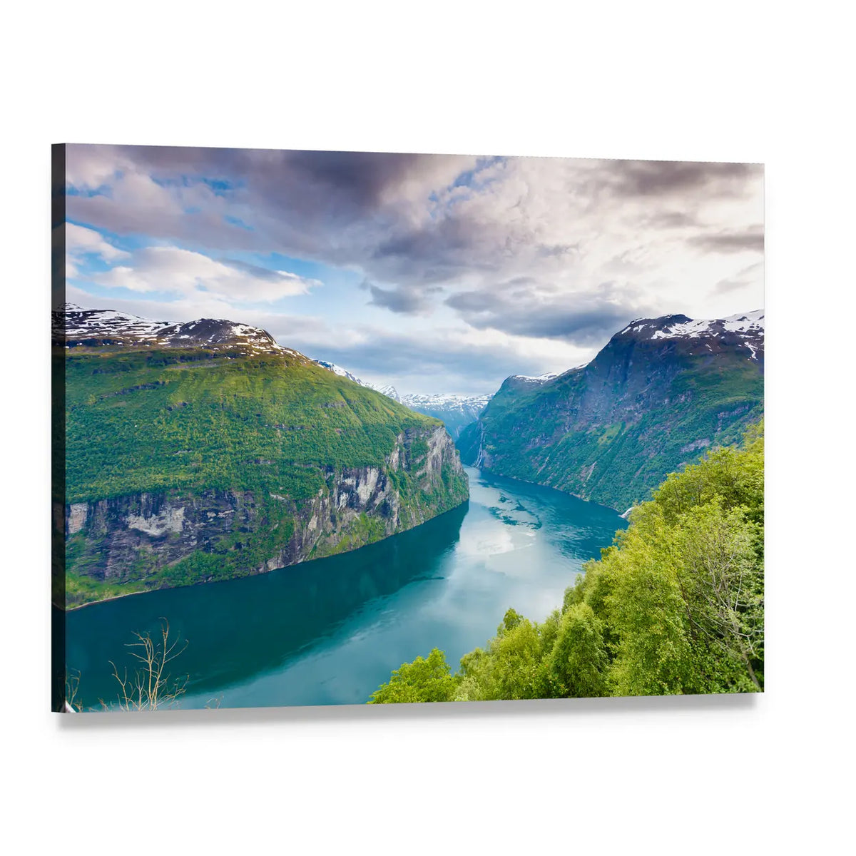 Serene Fjord Between Steep Mountains Canvas Wall Art, single panel gallery wrapped canvas, angled product view