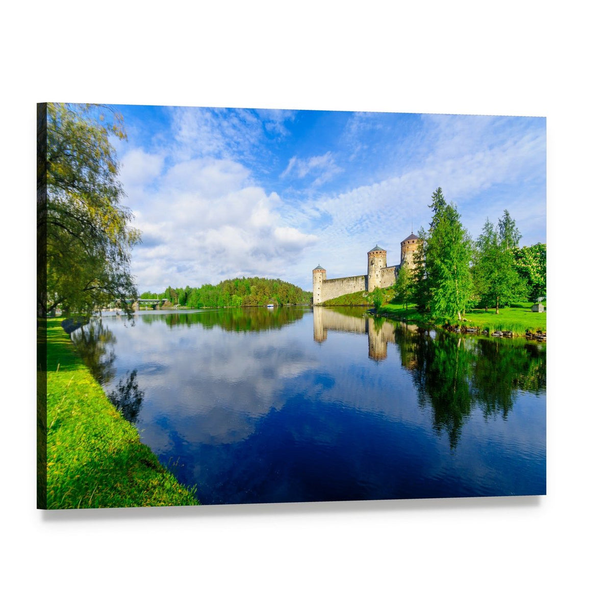 Olavinlinna Castle Reflection on Lake Canvas Wall Art, single panel gallery wrapped canvas, angled product view