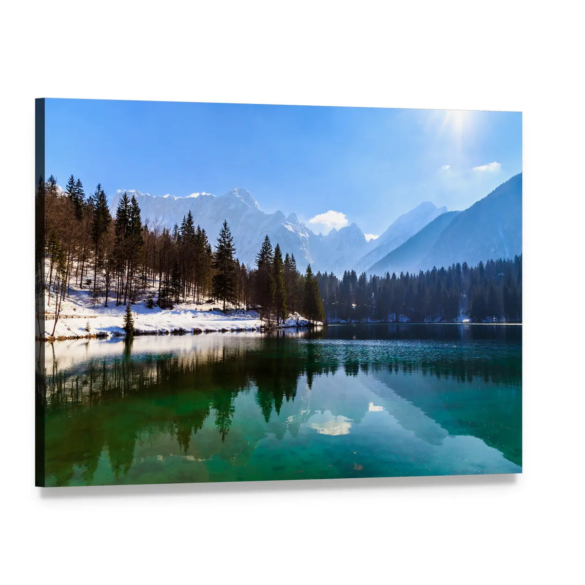 Snow-capped Peaks Reflected in Turquoise Lake Canvas Wall Art, single panel gallery wrapped canvas, angled product view